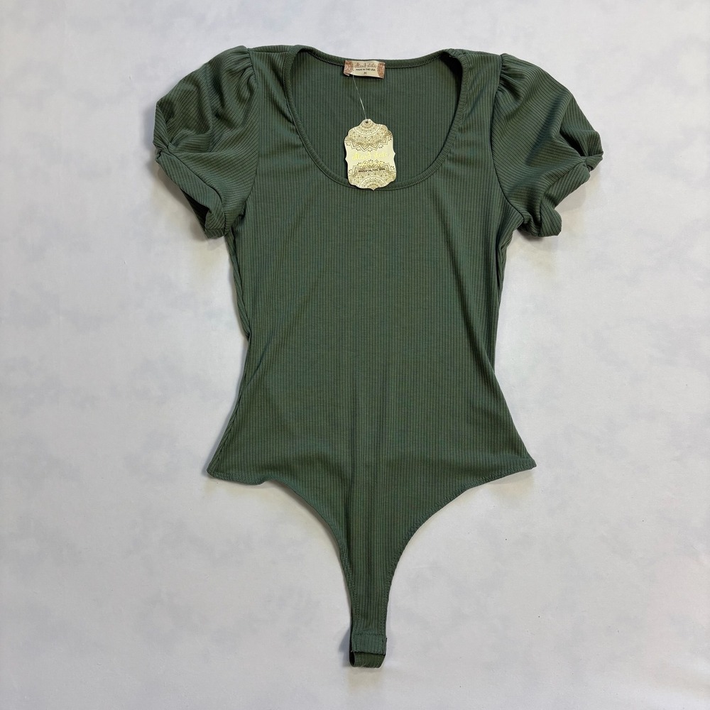 Altard State Olive Green Ribbed Puff Sleeve Thong Bodysuit Size Medium